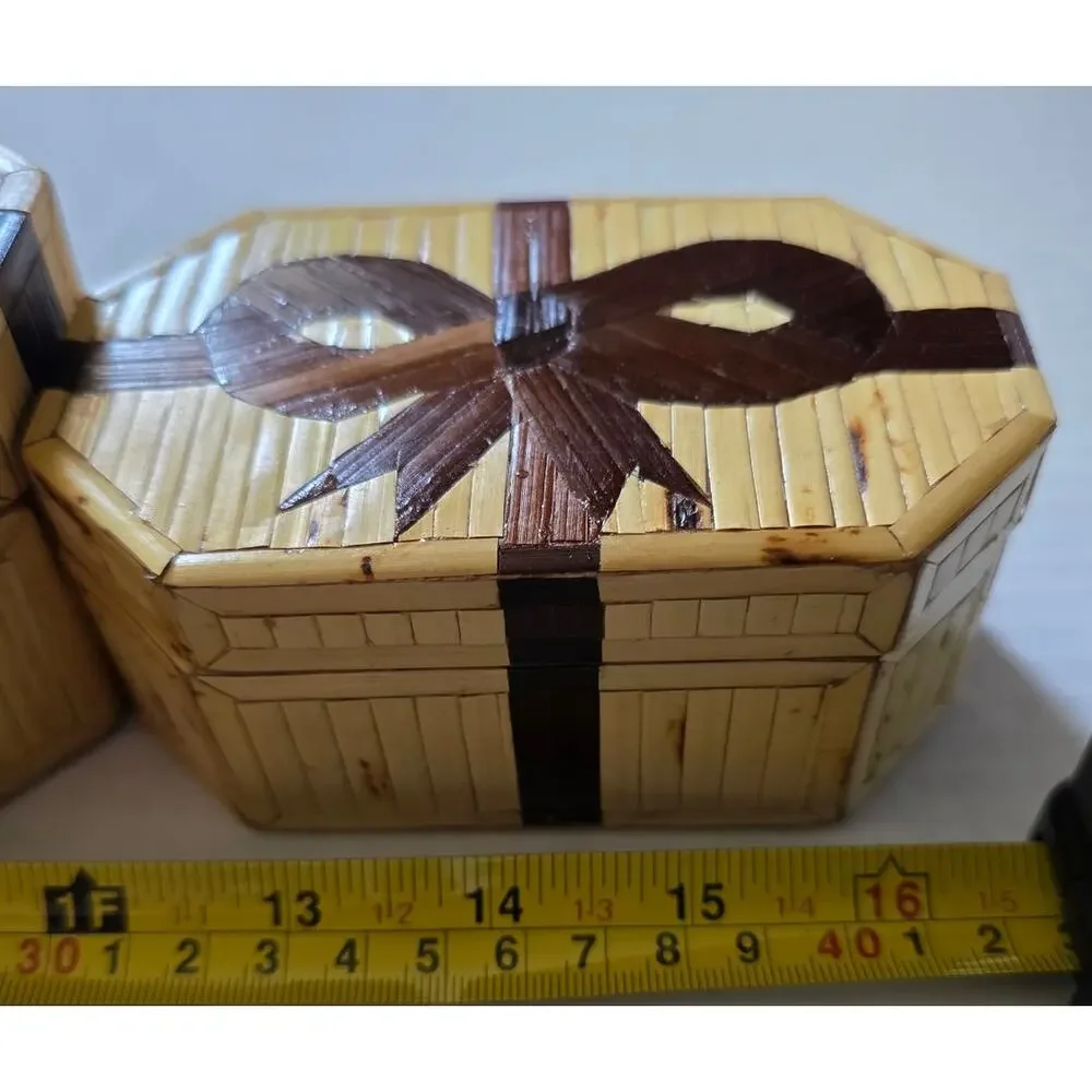 Bamboo Inlay Nesting Box Set of 3 Jewlery Keepsake Boxes Bow Decor